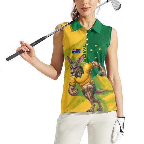 Personalized Australian Jackaroo Lawn Bowls Women Sleeveless Polo Shirt Kangaroo Bowler Green Yellow National Spirit Mascot Art