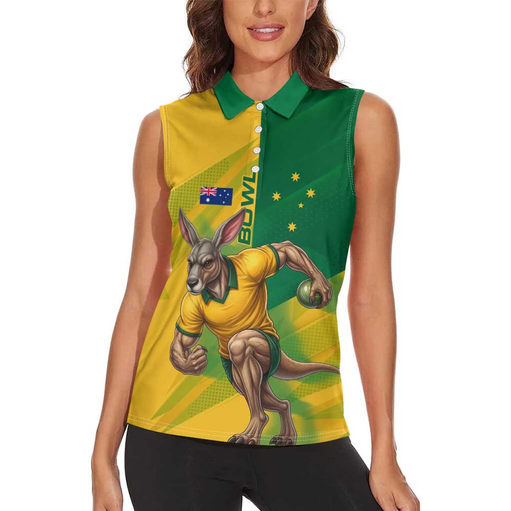 Personalized Australian Jackaroo Lawn Bowls Women Sleeveless Polo Shirt Kangaroo Bowler Green Yellow National Spirit Mascot Art