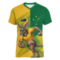 Personalized Australian Jackaroo Lawn Bowls Women V-Neck T-Shirt Kangaroo Bowler Green Yellow National Spirit Mascot Art