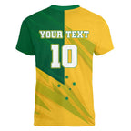 Personalized Australian Jackaroo Lawn Bowls Women V-Neck T-Shirt Kangaroo Bowler Green Yellow National Spirit Mascot Art