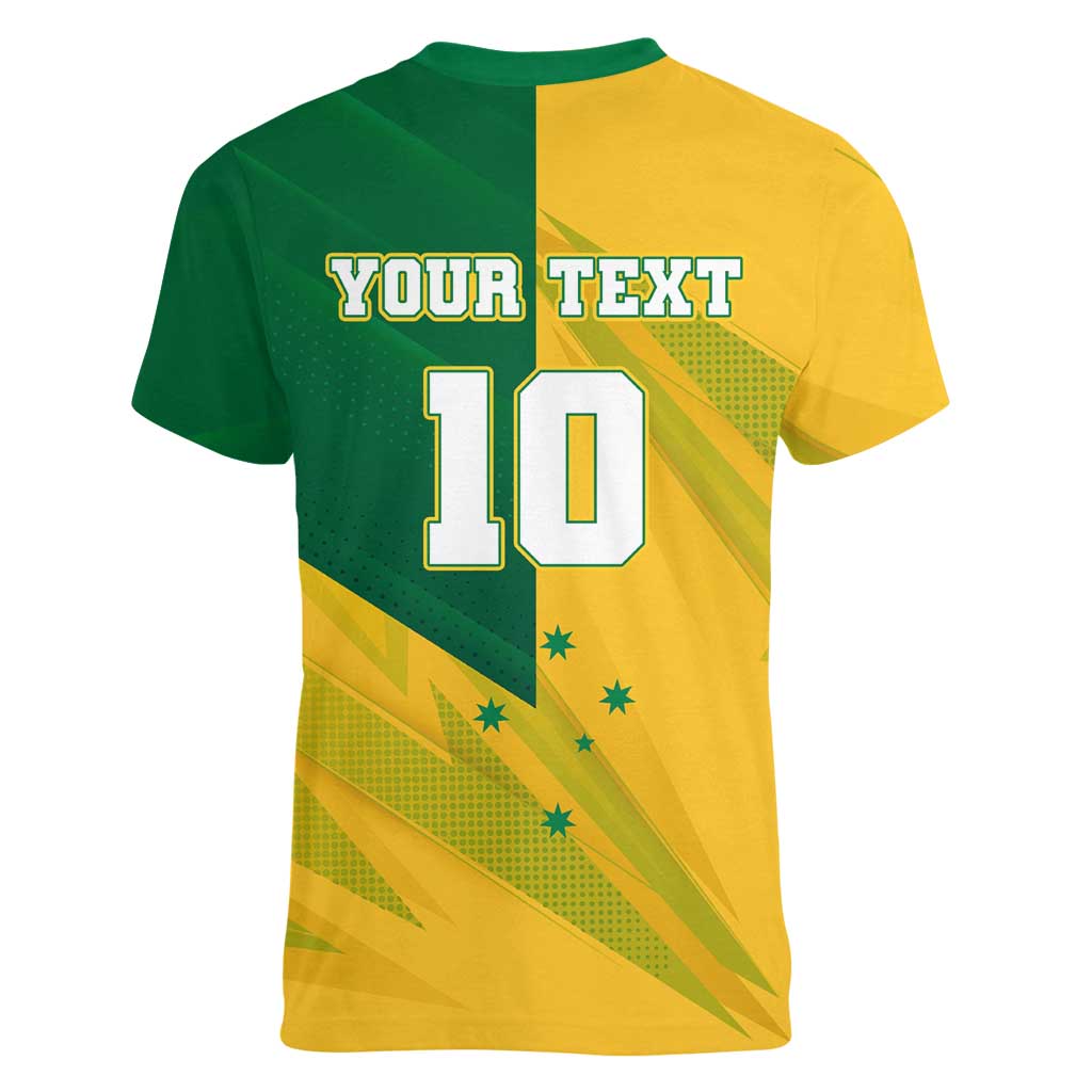 Personalized Australian Jackaroo Lawn Bowls Women V-Neck T-Shirt Kangaroo Bowler Green Yellow National Spirit Mascot Art
