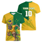 Personalized Australian Jackaroo Lawn Bowls Women V-Neck T-Shirt Kangaroo Bowler Green Yellow National Spirit Mascot Art