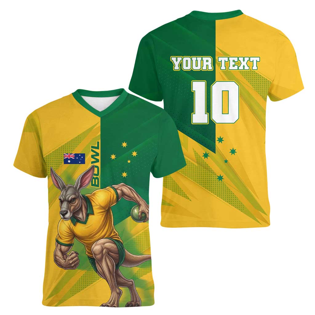 Personalized Australian Jackaroo Lawn Bowls Women V-Neck T-Shirt Kangaroo Bowler Green Yellow National Spirit Mascot Art