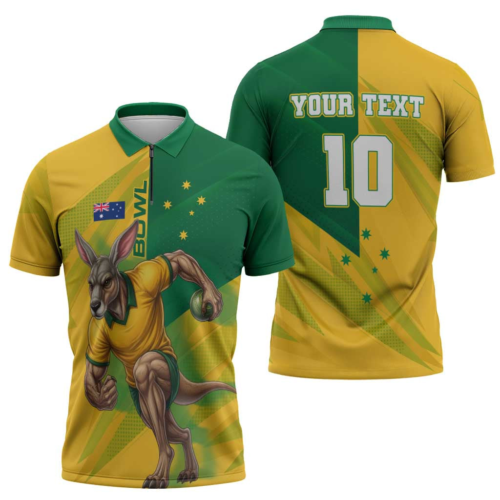 Personalized Australian Jackaroo Lawn Bowls Zipper Polo Shirt Kangaroo Bowler Green Yellow National Spirit Mascot Art