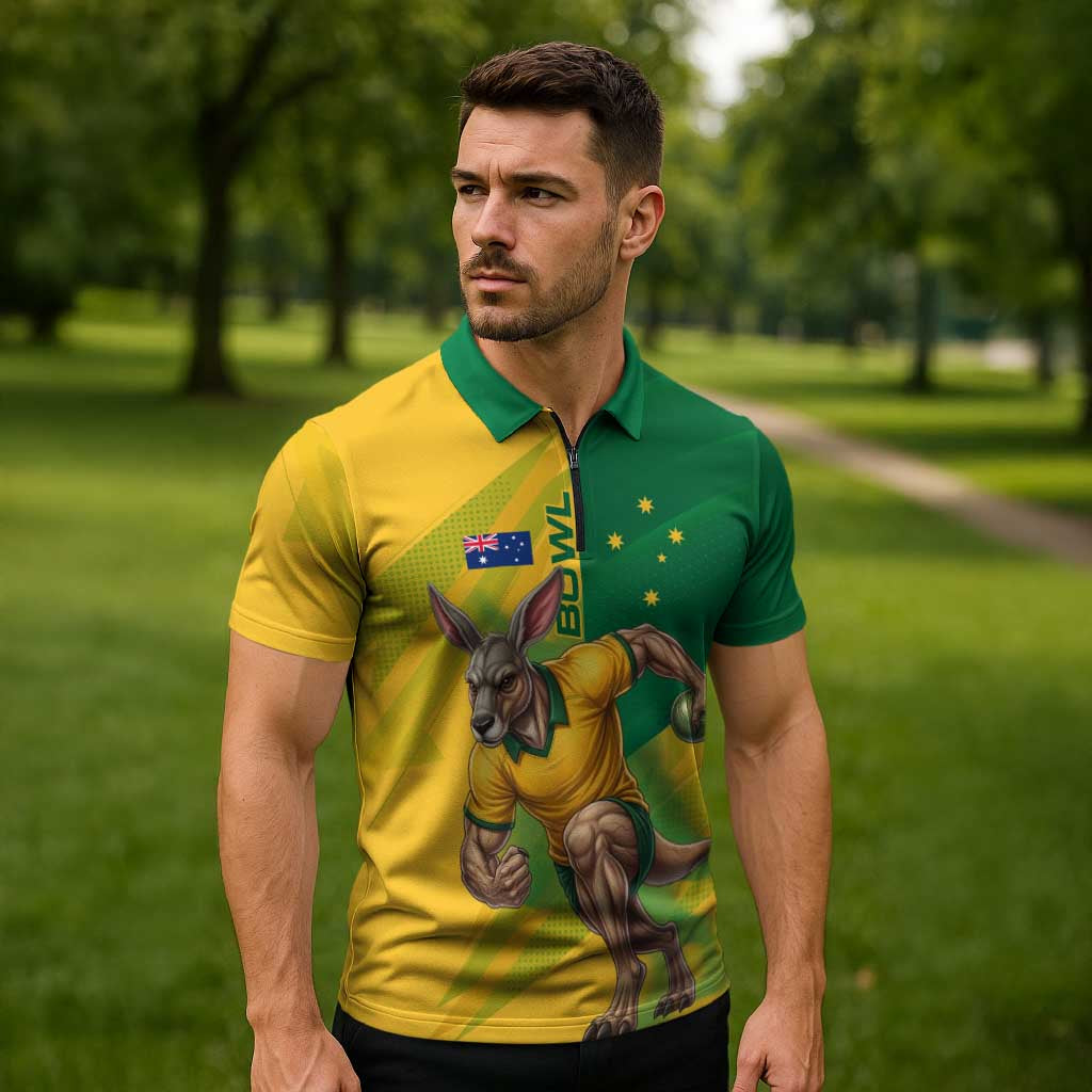 Personalized Australian Jackaroo Lawn Bowls Zipper Polo Shirt Kangaroo Bowler Green Yellow National Spirit Mascot Art