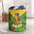 Personalized Australian Jackaroo Lawn Bowls Laundry Basket Kangaroo Athlete Indigenous Pattern Green Yellow Sports Mascot