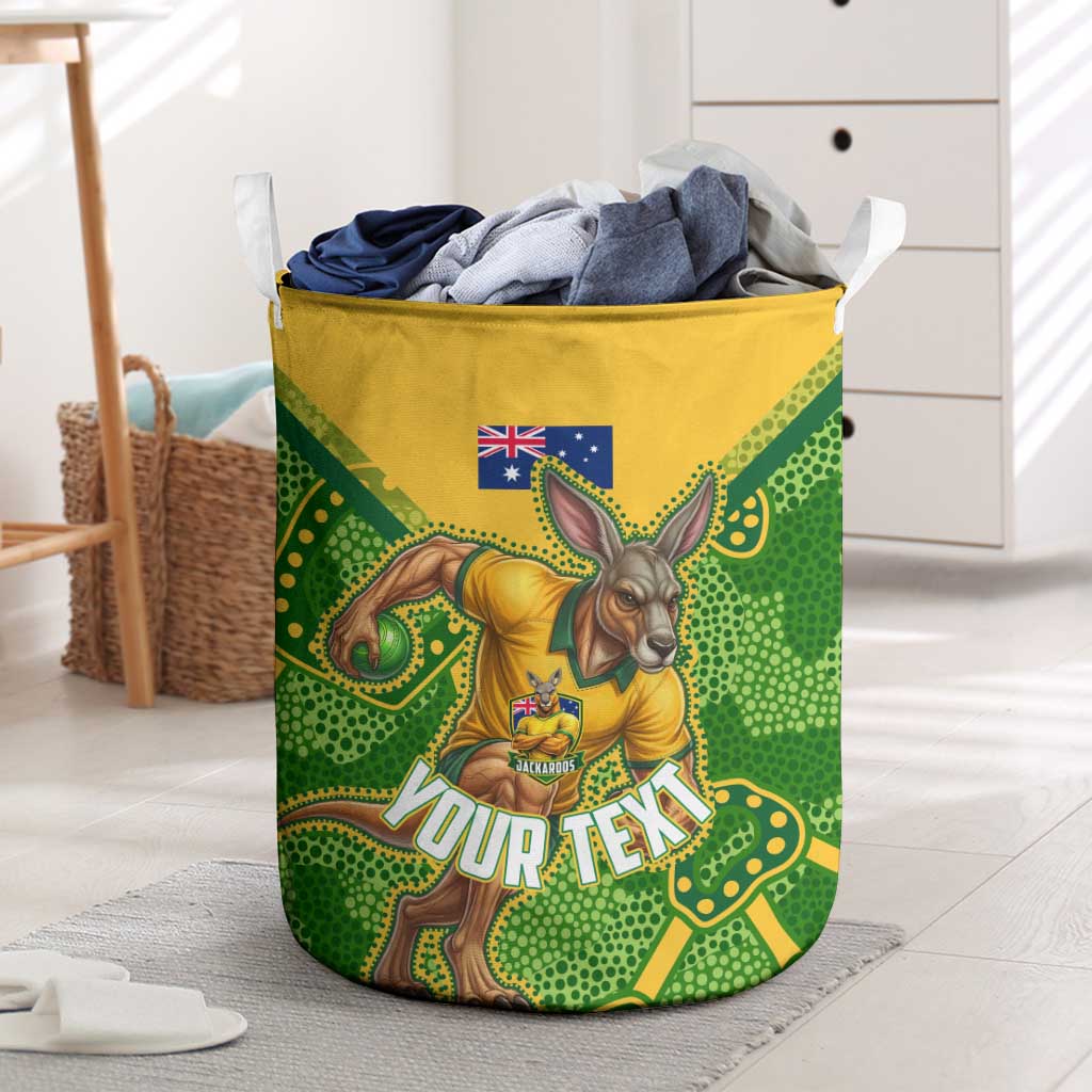 Personalized Australian Jackaroo Lawn Bowls Laundry Basket Kangaroo Athlete Indigenous Pattern Green Yellow Sports Mascot