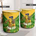 Personalized Australian Jackaroo Lawn Bowls Laundry Basket Kangaroo Athlete Indigenous Pattern Green Yellow Sports Mascot
