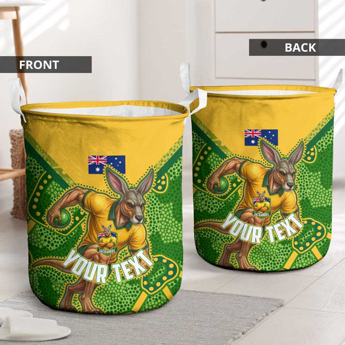 Personalized Australian Jackaroo Lawn Bowls Laundry Basket Kangaroo Athlete Indigenous Pattern Green Yellow Sports Mascot