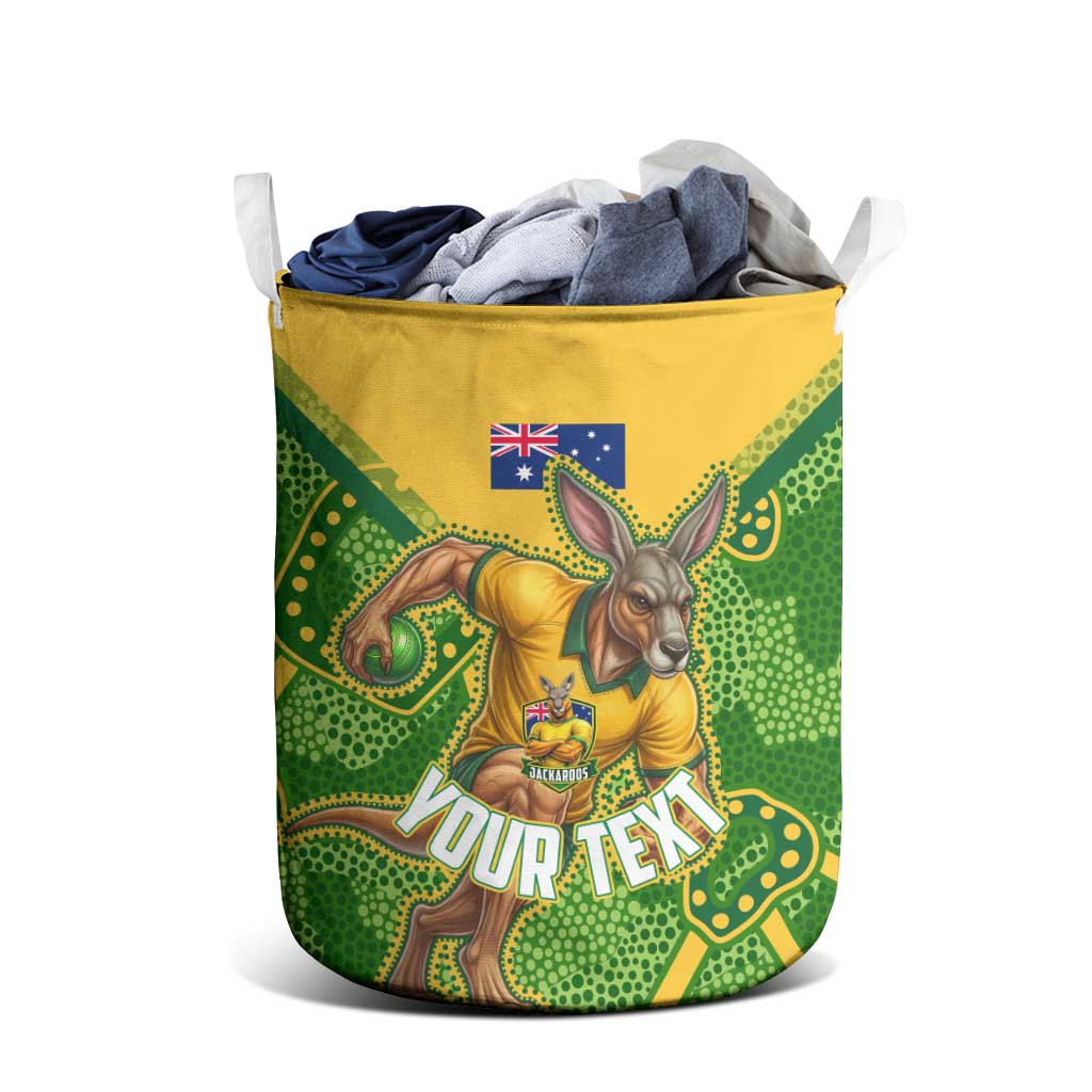 Personalized Australian Jackaroo Lawn Bowls Laundry Basket Kangaroo Athlete Indigenous Pattern Green Yellow Sports Mascot