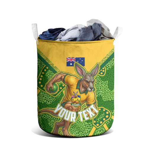 Personalized Australian Jackaroo Lawn Bowls Laundry Basket Kangaroo Athlete Indigenous Pattern Green Yellow Sports Mascot