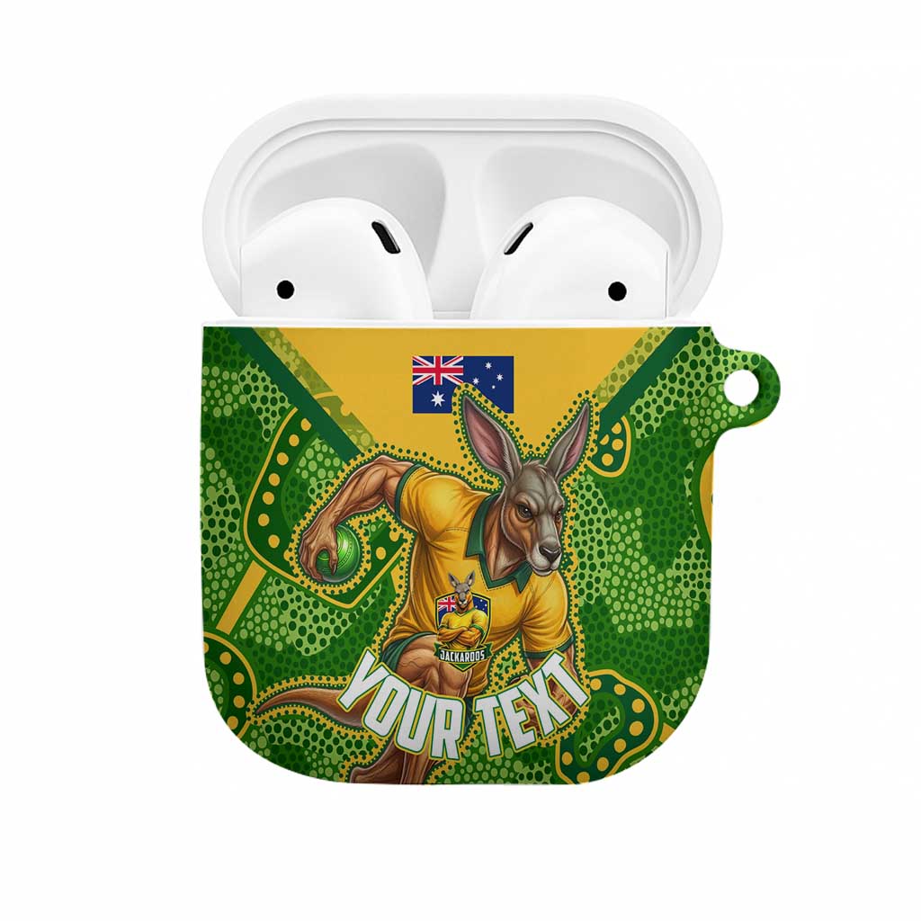 Personalized Australian Jackaroo Lawn Bowls AirPods Case Kangaroo Athlete Indigenous Pattern Green Yellow Sports Mascot