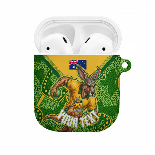 Personalized Australian Jackaroo Lawn Bowls AirPods Case Kangaroo Athlete Indigenous Pattern Green Yellow Sports Mascot