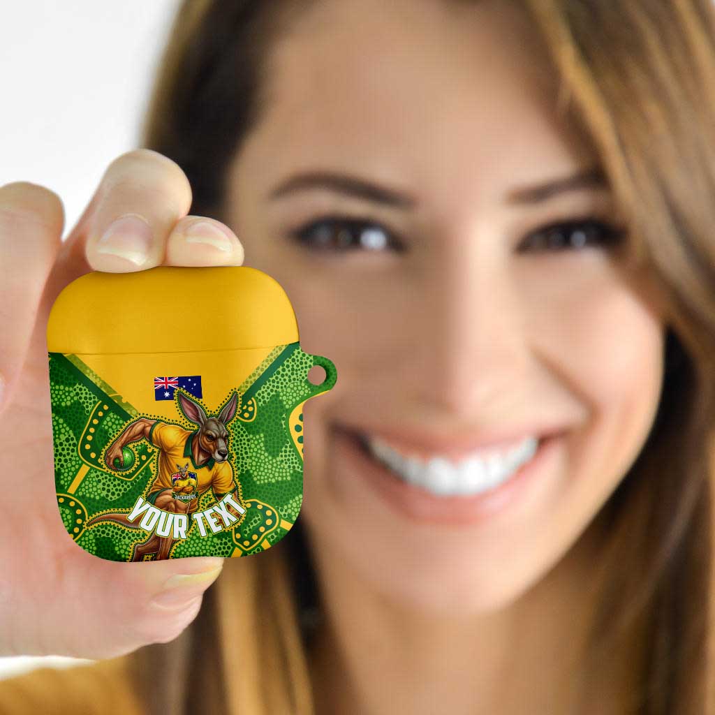 Personalized Australian Jackaroo Lawn Bowls AirPods Case Kangaroo Athlete Indigenous Pattern Green Yellow Sports Mascot
