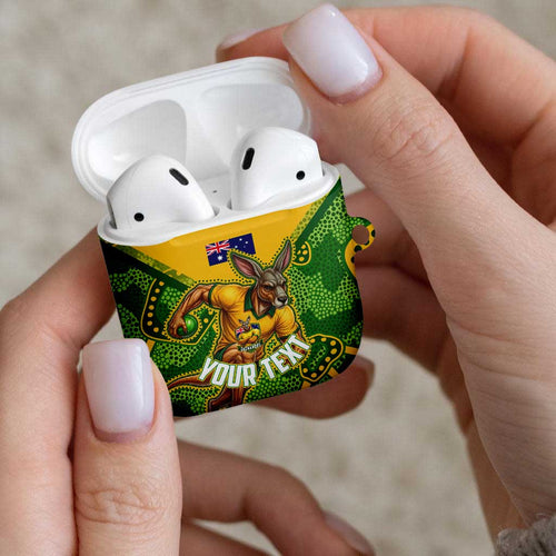 Personalized Australian Jackaroo Lawn Bowls AirPods Case Kangaroo Athlete Indigenous Pattern Green Yellow Sports Mascot