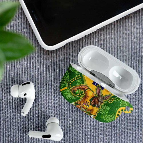 Personalized Australian Jackaroo Lawn Bowls AirPods Case Kangaroo Athlete Indigenous Pattern Green Yellow Sports Mascot