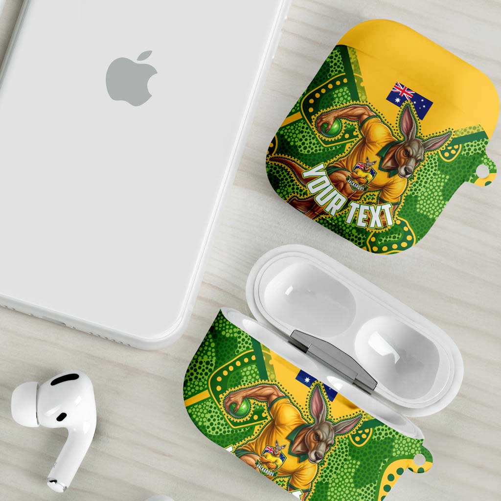 Personalized Australian Jackaroo Lawn Bowls AirPods Case Kangaroo Athlete Indigenous Pattern Green Yellow Sports Mascot