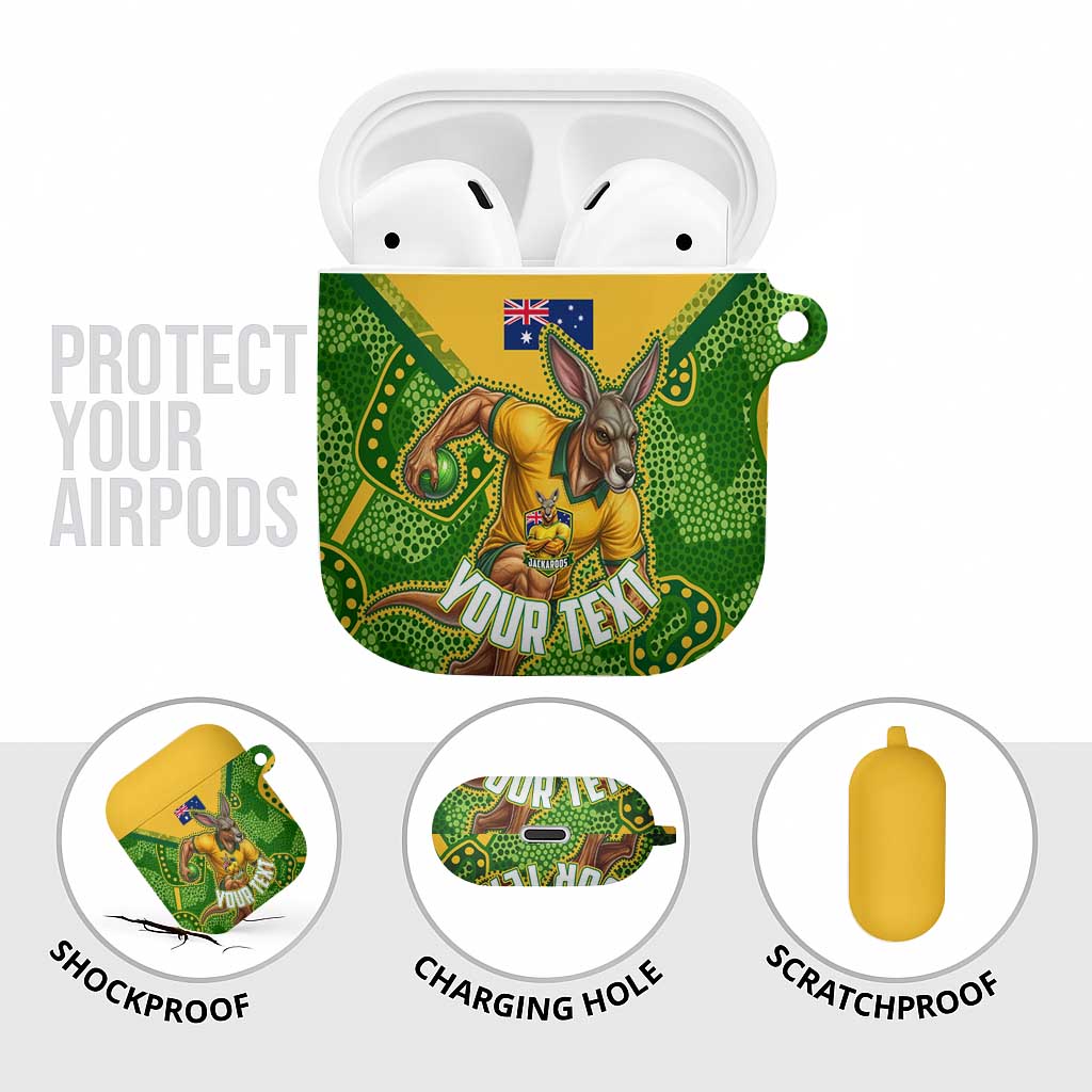 Personalized Australian Jackaroo Lawn Bowls AirPods Case Kangaroo Athlete Indigenous Pattern Green Yellow Sports Mascot
