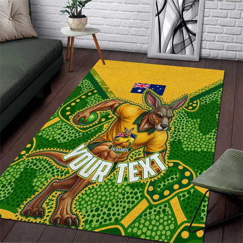 Personalized Australian Jackaroo Lawn Bowls Area Rug Kangaroo Athlete Indigenous Pattern Green Yellow Sports Mascot