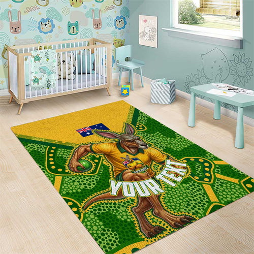 Personalized Australian Jackaroo Lawn Bowls Area Rug Kangaroo Athlete Indigenous Pattern Green Yellow Sports Mascot