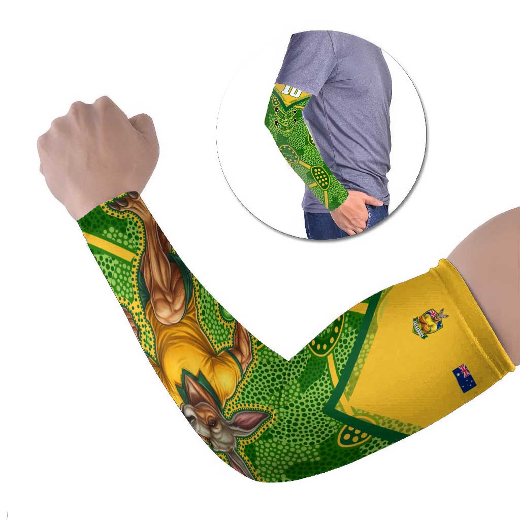 Personalized Australian Jackaroo Lawn Bowls Arm Sleeves Kangaroo Athlete Indigenous Pattern Green Yellow Sports Mascot
