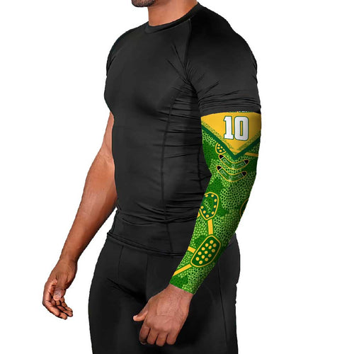 Personalized Australian Jackaroo Lawn Bowls Arm Sleeves Kangaroo Athlete Indigenous Pattern Green Yellow Sports Mascot