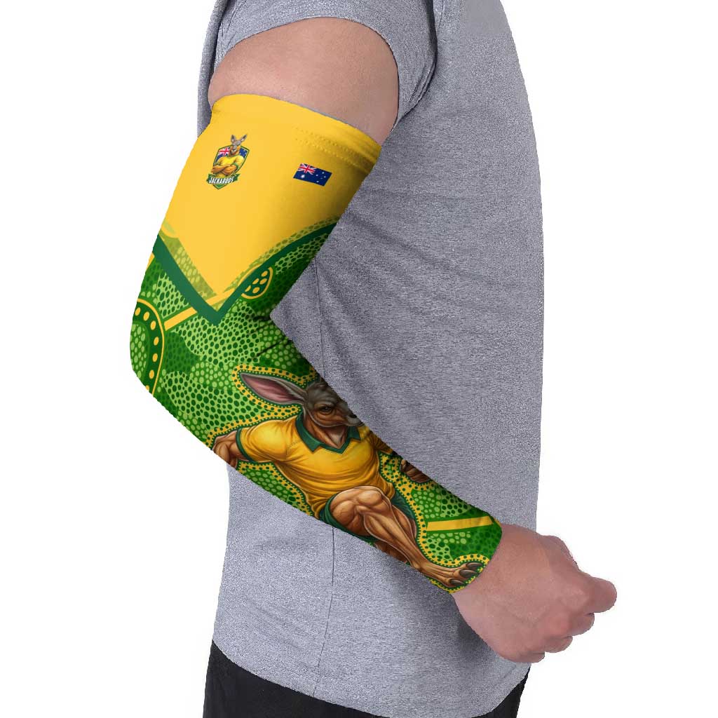 Personalized Australian Jackaroo Lawn Bowls Arm Sleeves Kangaroo Athlete Indigenous Pattern Green Yellow Sports Mascot