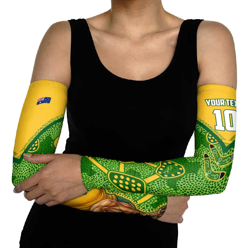 Personalized Australian Jackaroo Lawn Bowls Arm Sleeves Kangaroo Athlete Indigenous Pattern Green Yellow Sports Mascot