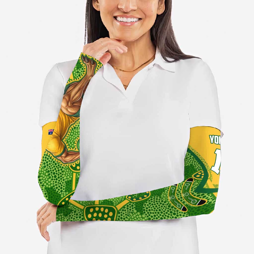 Personalized Australian Jackaroo Lawn Bowls Arm Sleeves Kangaroo Athlete Indigenous Pattern Green Yellow Sports Mascot