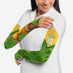 Personalized Australian Jackaroo Lawn Bowls Arm Sleeves Kangaroo Athlete Indigenous Pattern Green Yellow Sports Mascot