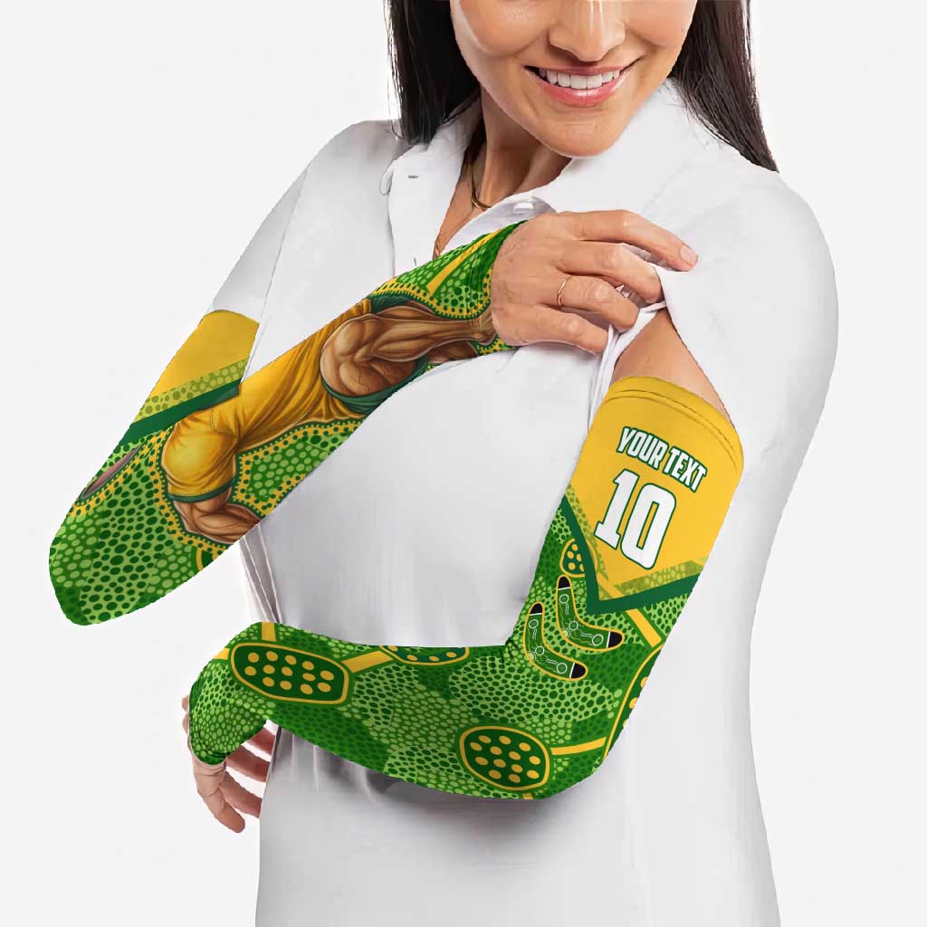 Personalized Australian Jackaroo Lawn Bowls Arm Sleeves Kangaroo Athlete Indigenous Pattern Green Yellow Sports Mascot