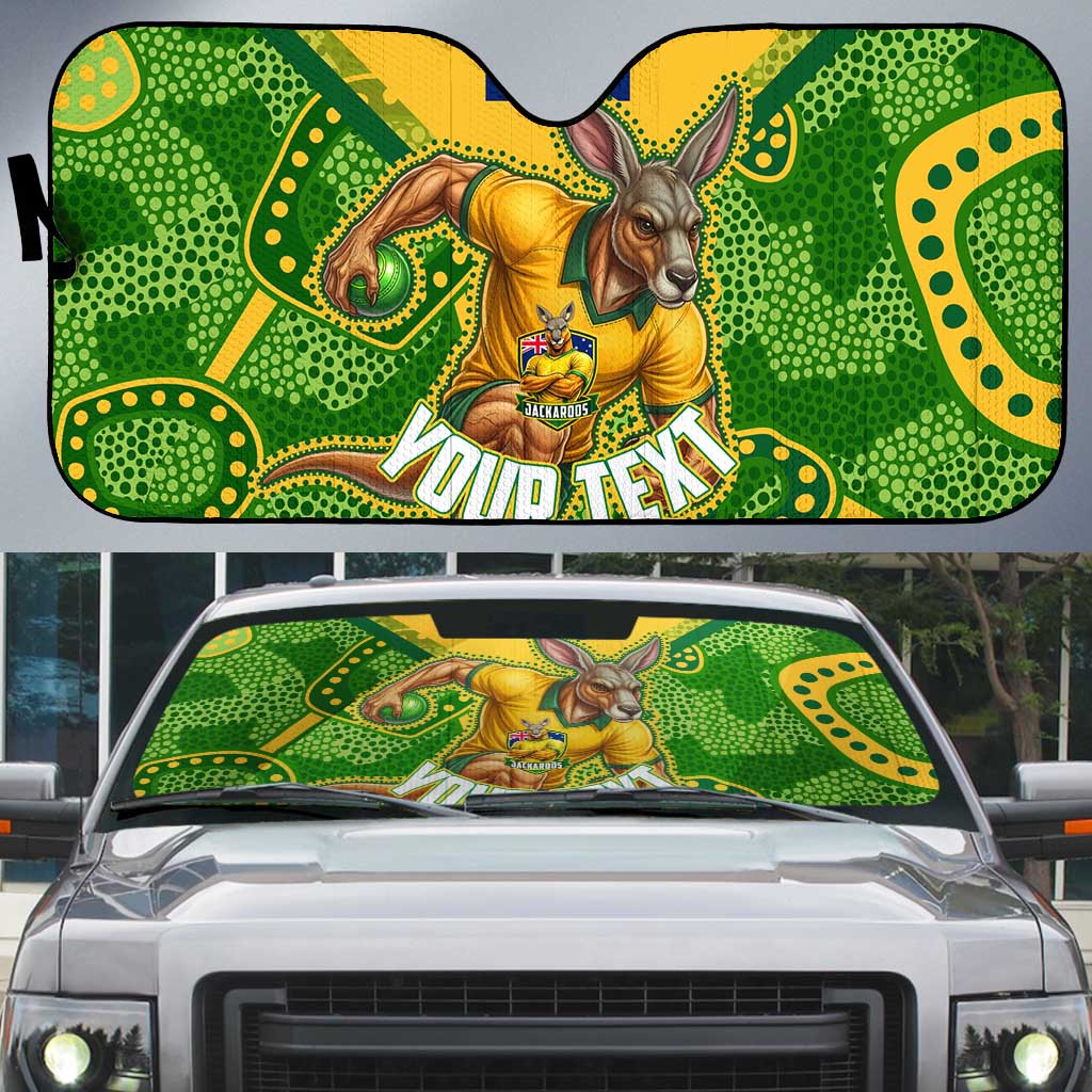 Personalized Australian Jackaroo Lawn Bowls Auto Sun Shade Kangaroo Athlete Indigenous Pattern Green Yellow Sports Mascot