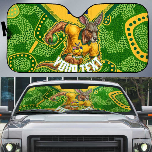 Personalized Australian Jackaroo Lawn Bowls Auto Sun Shade Kangaroo Athlete Indigenous Pattern Green Yellow Sports Mascot