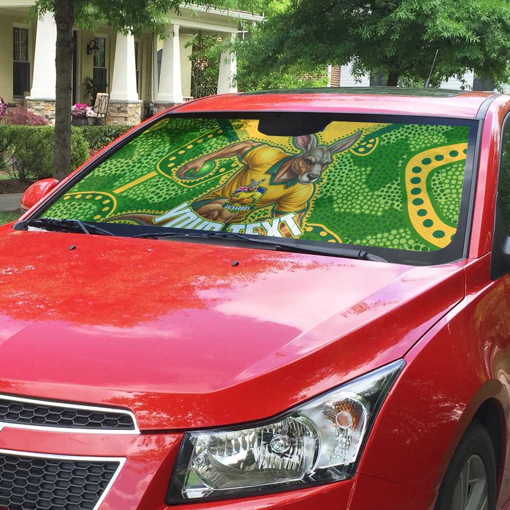 Personalized Australian Jackaroo Lawn Bowls Auto Sun Shade Kangaroo Athlete Indigenous Pattern Green Yellow Sports Mascot