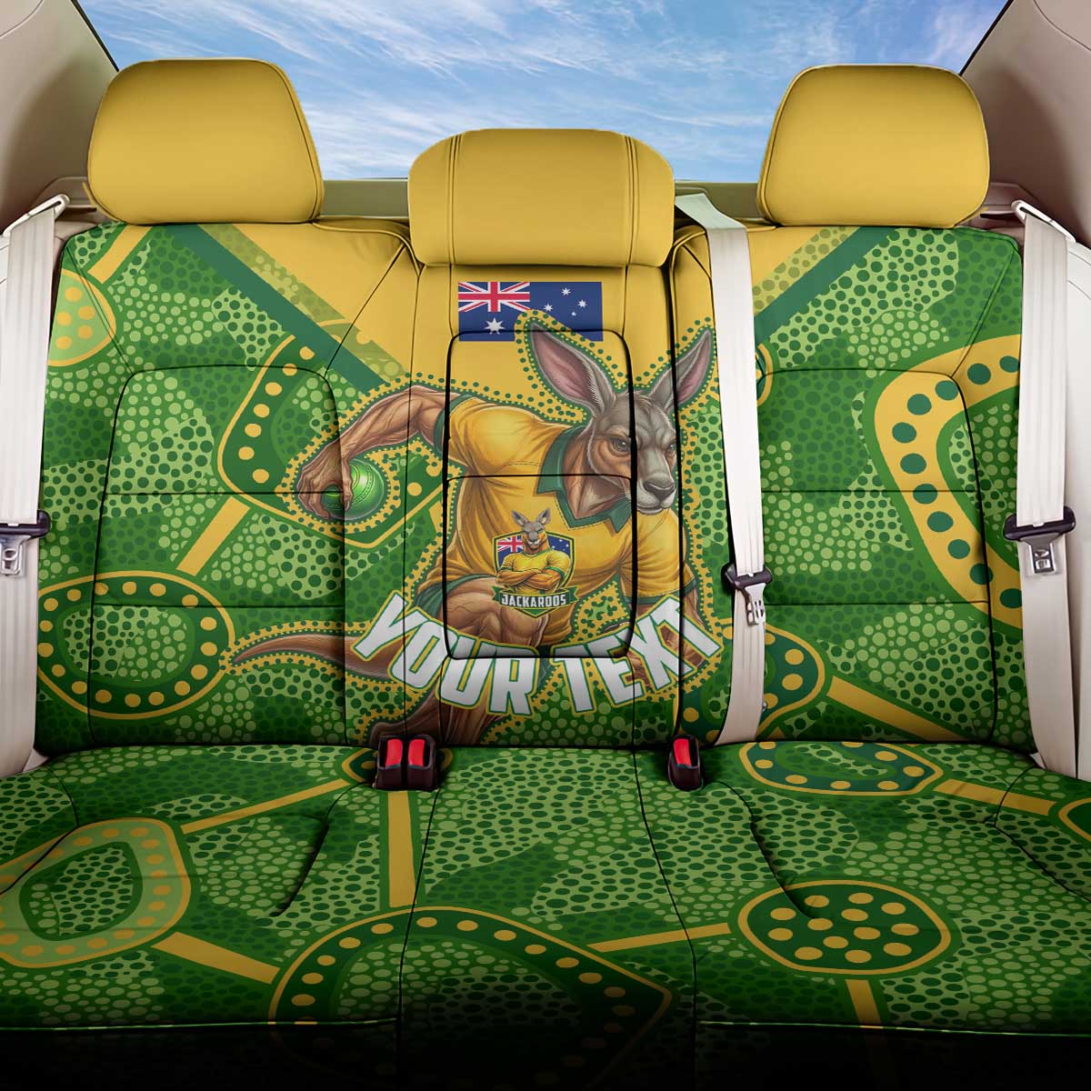 Personalized Australian Jackaroo Lawn Bowls Back Car Seat Cover Kangaroo Athlete Indigenous Pattern Green Yellow Sports Mascot