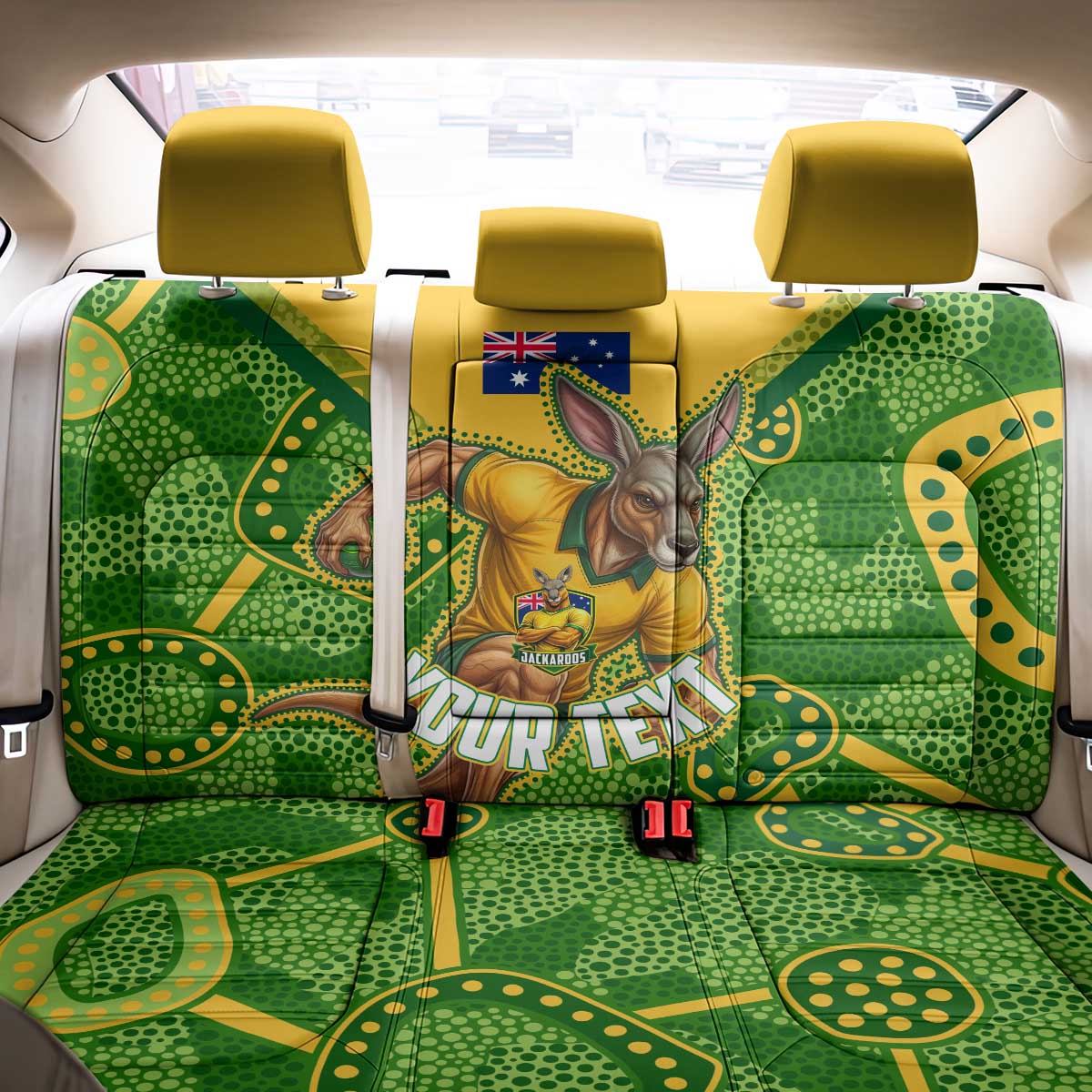 Personalized Australian Jackaroo Lawn Bowls Back Car Seat Cover Kangaroo Athlete Indigenous Pattern Green Yellow Sports Mascot