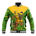 Personalized Australian Jackaroo Lawn Bowls Baseball Jacket Kangaroo Athlete Indigenous Pattern Green Yellow Sports Mascot