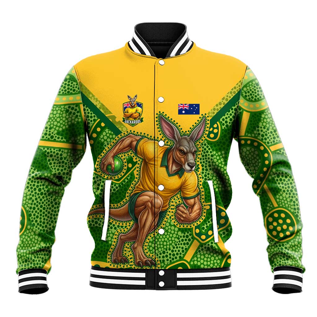 Personalized Australian Jackaroo Lawn Bowls Baseball Jacket Kangaroo Athlete Indigenous Pattern Green Yellow Sports Mascot
