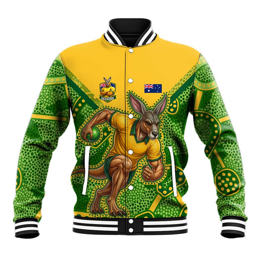 Personalized Australian Jackaroo Lawn Bowls Baseball Jacket Kangaroo Athlete Indigenous Pattern Green Yellow Sports Mascot