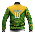 Personalized Australian Jackaroo Lawn Bowls Baseball Jacket Kangaroo Athlete Indigenous Pattern Green Yellow Sports Mascot