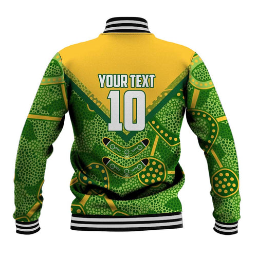 Personalized Australian Jackaroo Lawn Bowls Baseball Jacket Kangaroo Athlete Indigenous Pattern Green Yellow Sports Mascot