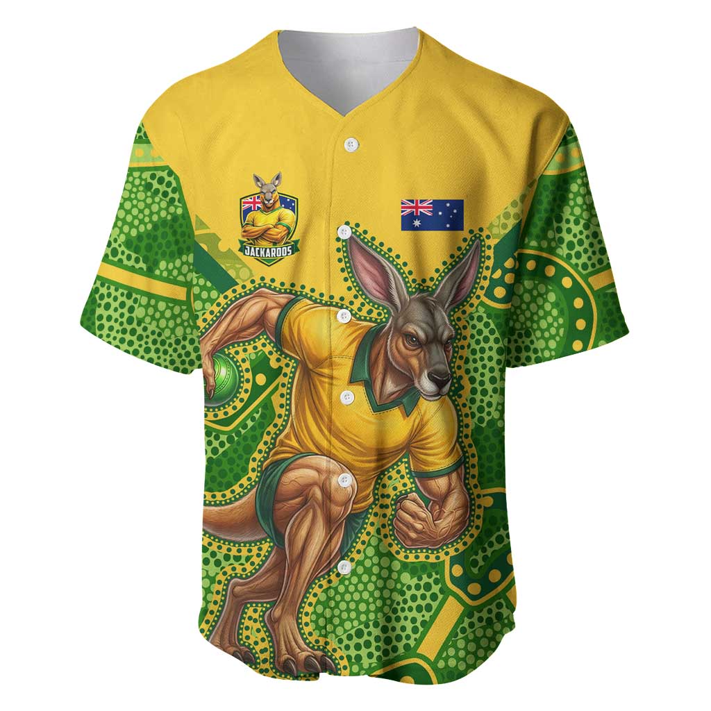 Personalized Australian Jackaroo Lawn Bowls Baseball Jersey Kangaroo Athlete Indigenous Pattern Green Yellow Sports Mascot