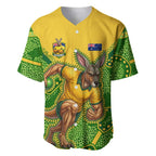 Personalized Australian Jackaroo Lawn Bowls Baseball Jersey Kangaroo Athlete Indigenous Pattern Green Yellow Sports Mascot