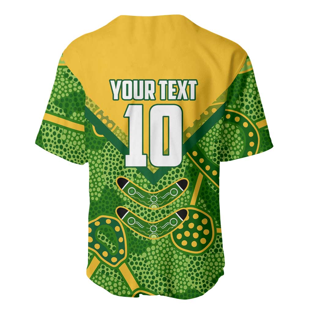 Personalized Australian Jackaroo Lawn Bowls Baseball Jersey Kangaroo Athlete Indigenous Pattern Green Yellow Sports Mascot