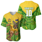 Personalized Australian Jackaroo Lawn Bowls Baseball Jersey Kangaroo Athlete Indigenous Pattern Green Yellow Sports Mascot