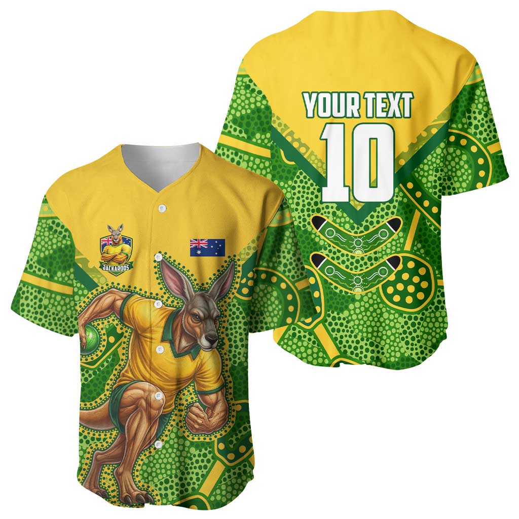Personalized Australian Jackaroo Lawn Bowls Baseball Jersey Kangaroo Athlete Indigenous Pattern Green Yellow Sports Mascot