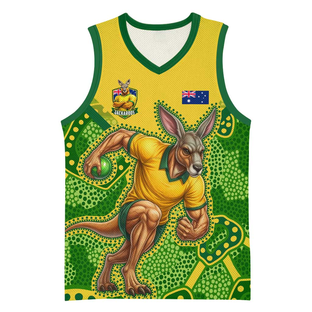 Personalized Australian Jackaroo Lawn Bowls Basketball Jersey Kangaroo Athlete Indigenous Pattern Green Yellow Sports Mascot