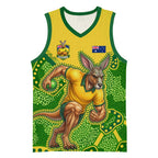 Personalized Australian Jackaroo Lawn Bowls Basketball Jersey Kangaroo Athlete Indigenous Pattern Green Yellow Sports Mascot