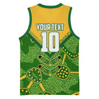 Personalized Australian Jackaroo Lawn Bowls Basketball Jersey Kangaroo Athlete Indigenous Pattern Green Yellow Sports Mascot