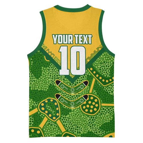 Personalized Australian Jackaroo Lawn Bowls Basketball Jersey Kangaroo Athlete Indigenous Pattern Green Yellow Sports Mascot